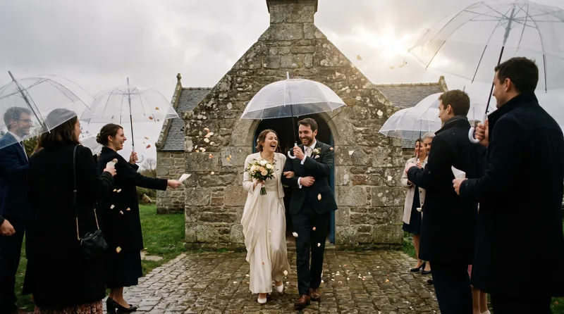 Mariés sortant d’une chapelle en granit sous une pluie fine, entourés d’invités avec des parapluies transparents