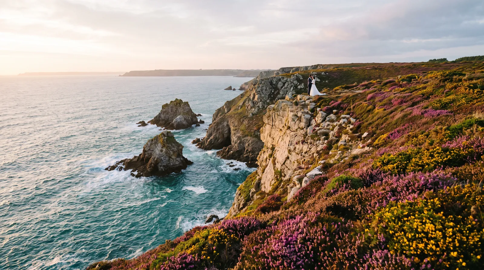 Mariés au bord des falaises de la presqu’île de Crozon, entre bruyère et ajonc, au-dessus d’une mer turquoise