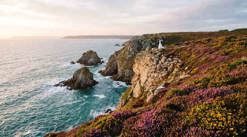 Mariés au bord des falaises de la presqu’île de Crozon, entre bruyère et ajonc, au-dessus d’une mer turquoise
