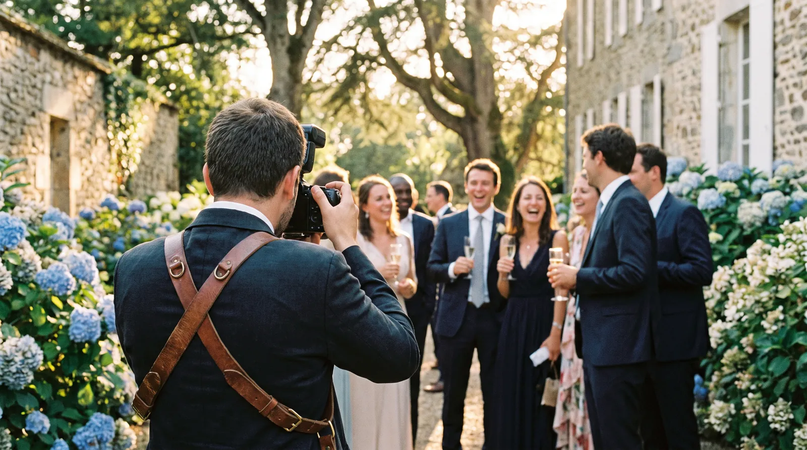 Photographe de mariage de dos, appareil en main, pendant le vin d’honneur dans le jardin d’un château breton