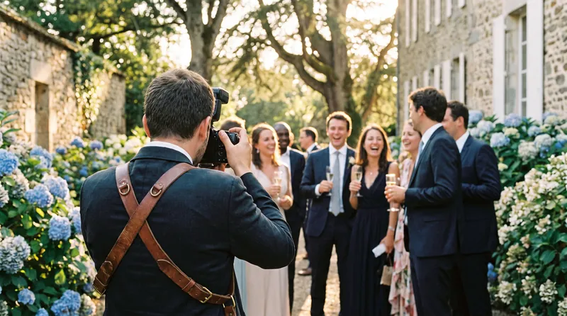 Photographe de mariage de dos, appareil en main, pendant le vin d’honneur dans le jardin d’un château breton
