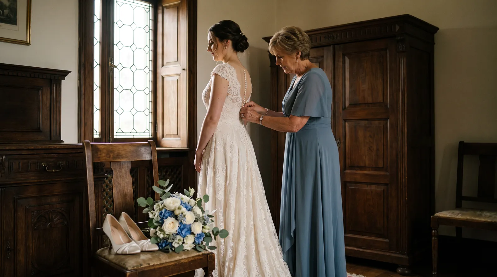 Mère de la mariée fermant la robe de sa fille près d’une fenêtre dans un manoir breton