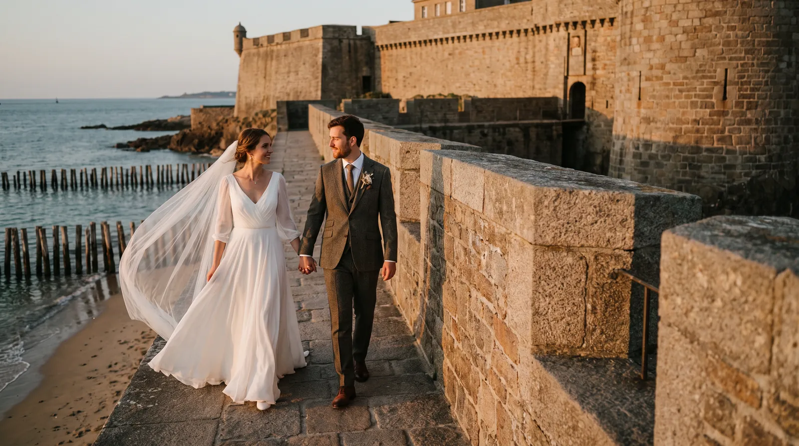 Mariés marchant sur le chemin de ronde des remparts de Saint-Malo au coucher du soleil