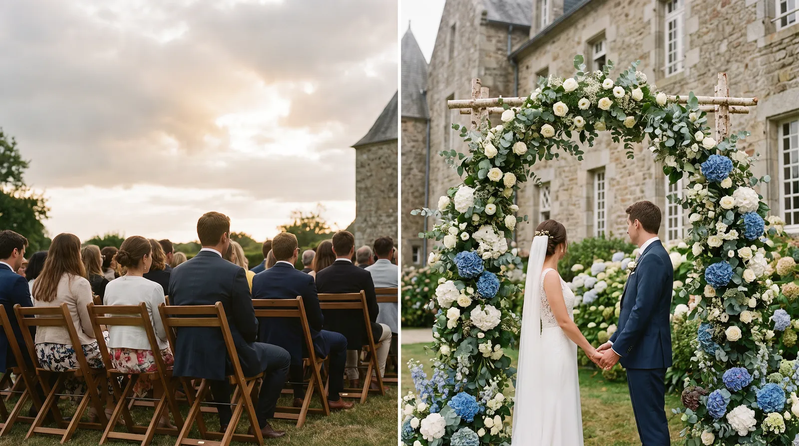 Cérémonie laïque dans le jardin d’un château breton, invités face à une arche fleurie