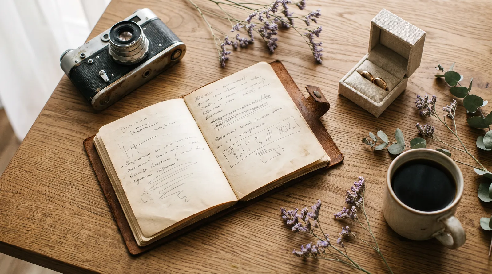 Carnet de planning de mariage, appareil photo argentique et alliances sur une table en bois
