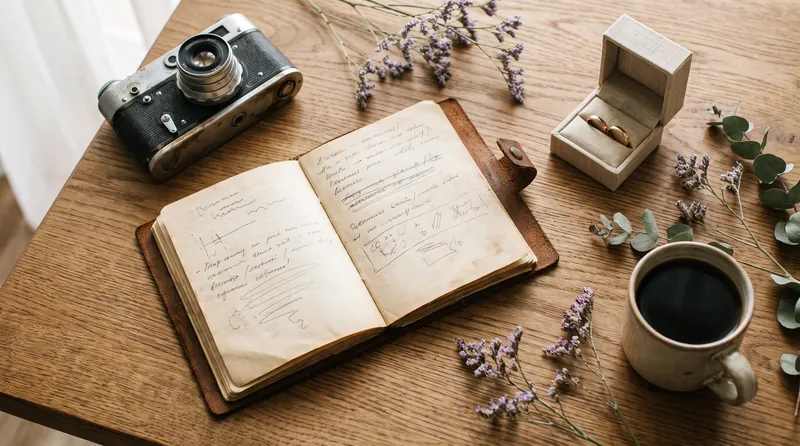 Carnet de planning de mariage, appareil photo argentique et alliances sur une table en bois