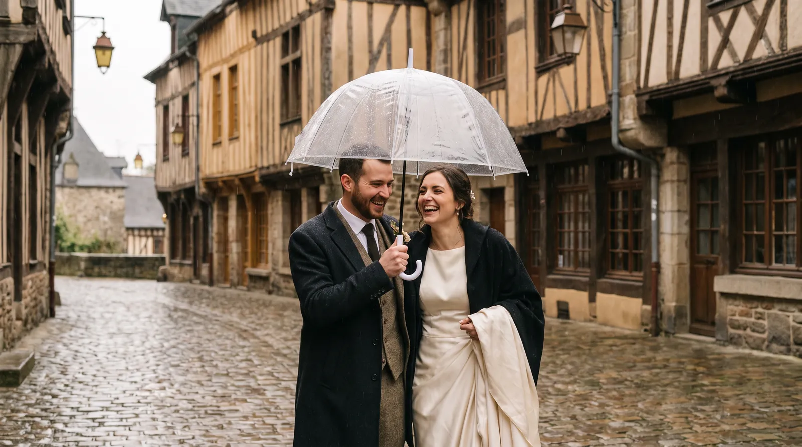 Mariés riant sous un parapluie transparent dans une rue pavée médiévale bretonne