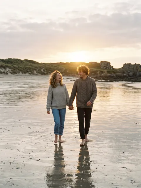 Couple marchant pieds nus sur une plage bretonne à marée basse au coucher du soleil