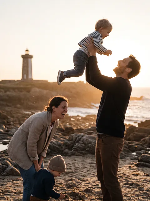 Famille jouant sur une plage bretonne au coucher du soleil près d’un phare