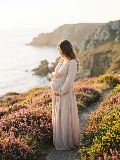 Femme enceinte en robe longue sur un sentier côtier parmi la bruyère et l’ajonc