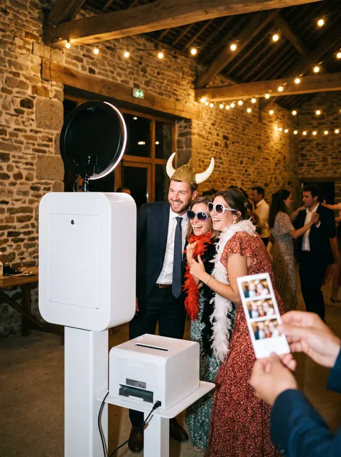 Invités d’un mariage posant avec des accessoires devant une borne photo dans une grange bretonne